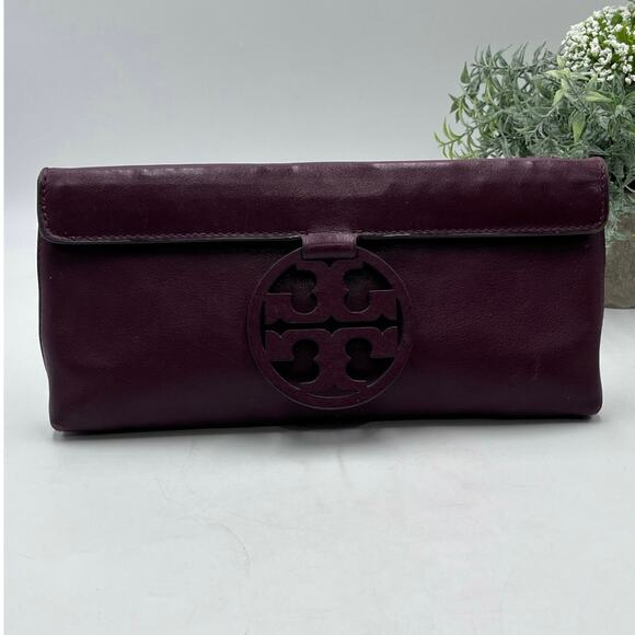 Tory Burch Burgundy Port Wine Logo Front Leather Miller Fold-over Clutch - Picture 13 of 13
